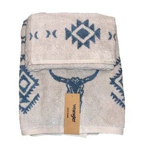 Wrangler Steer Head Stripe Edge Tan & Blue Longhorn Aztec 1 Bath 1 Hand Towel